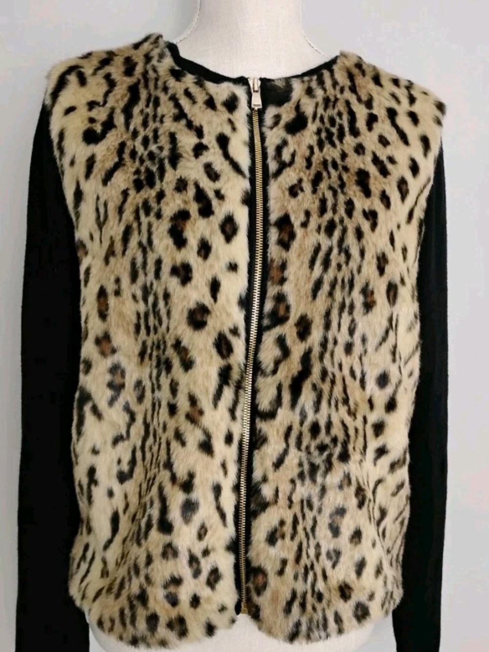 Ann Taylor Leopard Faux Fur Front Full Zip Cardigan Black & Brown Large Petite